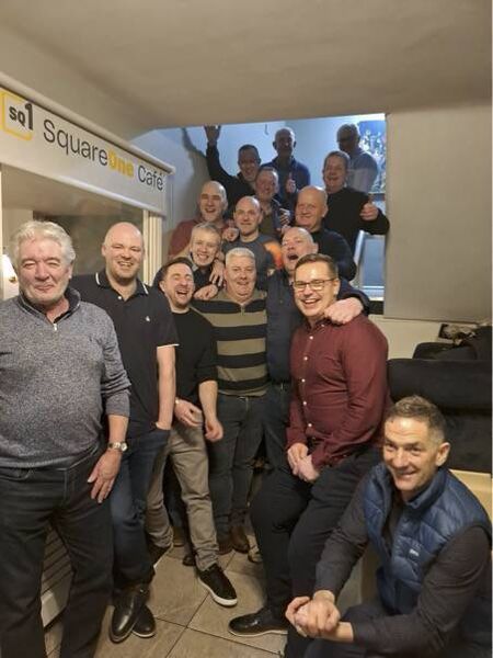 Micheal Frain with colleagues past and present at a function in Durkin’s Hotel marking his retirement as Ballaghaderreen Fire Station Officer after 26 years of service. 