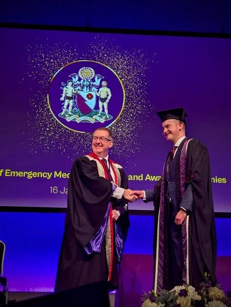 Boyle native Dr Conor O’Gara, a past pupil of Abbey Community College, pictured receiving his MRCEM qualification from Dr Ian Higginson, President of the Royal College of Emergency Medicine, at a recent graduation ceremony in Manchester, UK.