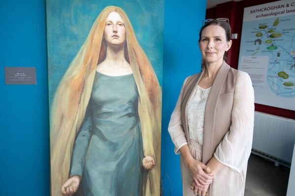 Frenchpark based artist Natalie Folan with her one of her paintings of St Brigid at the opening of her exhibition entitled ‘Maiden, Mother, Saint,’ as part of the 2026 St. Brigid's Day Festival at Rathcroghan Visitor Centre, Tulsk. The exhibition can now be viewed during the normal opening hours at Rathcroghan Visitor Centre. Pic. Breda Durr 