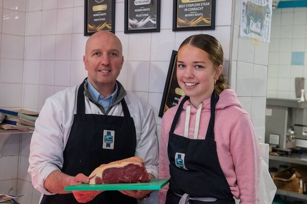 Ronan and Eleanor Gavigan at Morris Meats, Elphin with their All-Ireland and regional winning steak. Pic: Breda Durr Ronan and Eleanor Gavigan at Morris Meats, Elphin with their All-Ireland and regional winning steak. Pic: Breda Durr