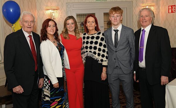Jimmy McCormack with Aoife, Lucy, Marie, James and Paraic Cassidy at the presentation of Connacht medals to the 2025 Roscommon minor football panel in the Abbey Hotel on Friday evening. Picture: Gerard O'Loughlin