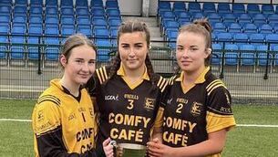 <p>Kilmore players Ciara Carroll, Saoirse Kerins, and Caoimhe Hanly who were part of the Scoil Mhuire junior girls' football panel that were crowned Connacht Shield champions on Friday. </p>