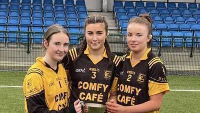 <p>Kilmore players Ciara Carroll, Saoirse Kerins, and Caoimhe Hanly who were part of the Scoil Mhuire junior girls' football panel that were crowned Connacht Shield champions on Friday. </p>