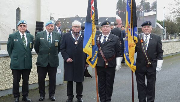 Jack McKervey, Paddy Costello, IUNDA Post 9 Athlone; David Gibson-Brabazon, chairman Midland Counties &amp; Kildare Royal British Legion Republic of Ireland; Donal Flynn, Royal British Legion and Richard Tearle, 3rd Regional Royal Horse Artillery at Captain Muldowney's Funeral. Pic: Gerard O'Loughlin 