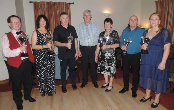 At the recent Tony and Bernie Towey Dance Competition in the Brusna Inn were winners from left, Ronan Kelly, Mary Fox, John Morley, Mary Small, Ray Noble and Collette Hyland with Tom Gordon. Pic: James Hunt Photography