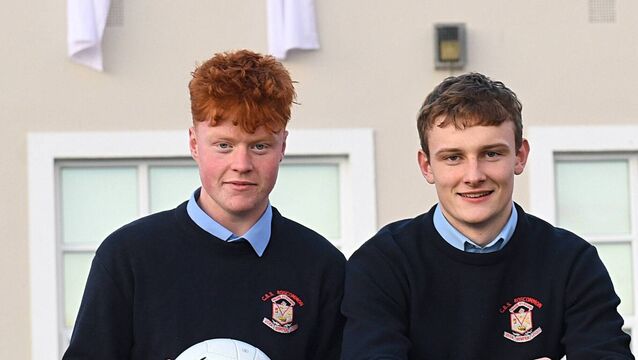 <p>Cian Duggan and Eoghan Carthy, pictured here ahead of Roscommon CBS' All-Ireland Colleges' B final last March, helped TUS Midlands win the Freshers A football title for the first time in the third level college's history on Thursday evening. </p>