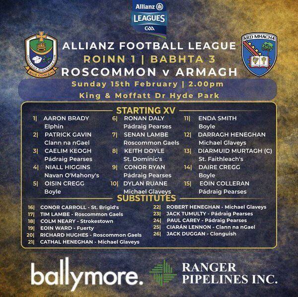 The Roscommon match-day squad for Sunday's Allianz League Division One game against Armagh. Graphic: Roscommon GAA