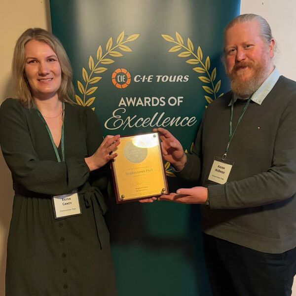 Eilish Canty and Aidan McBride, representing Strokestown Park, with the Award of Excellencee presented by CIE Tours. Eilish Canty and Aidan McBride, representing Strokestown Park, with the Award of Excellencee presented by CIE Tours.