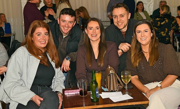 Niamh McSweeney, Tommy Hurley, Susan Coyle, Mark Coyle and Ciara Mullally, Lecarrow, pictured at a bumper hospice quiz in the Abbey Hotel, Roscommon in memory of Michelle Creaven. Pic: Gerard O’Loughlin 