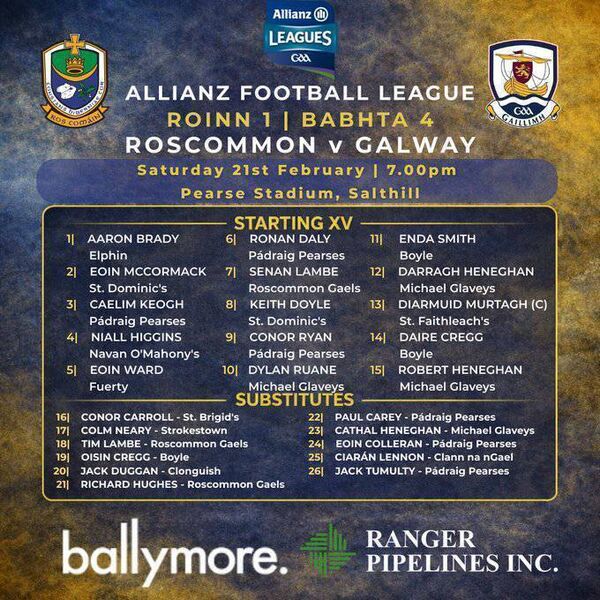 The Roscommon match-day panel for Saturday evening's Division One League game against Galway at Pearse Stadium, Salthill. Graphic: Roscommon GAA The Roscommon match-day panel for Saturday evening's Division One League game against Galway at Pearse Stadium, Salthill. Graphic: Roscommon GAA