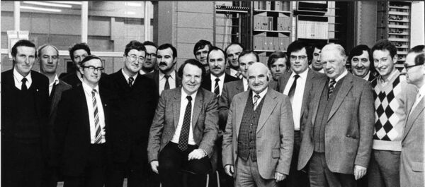 December 1983 - Minister of State at the Dept of Post &amp; Telegraphs, Ted Nealon is pictured with P &amp; T employees from Carrick-on-Shannon and Sligo at the opening of the new automatic exchange.