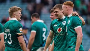 <p>Ireland players Tommy O'Brien, Garry Ringrose and Ciarán Frawley celebrate Ireland's victory against England in their Six Nations game at Twickenham on Saturday last. Picture: INPHO/Ben Brady</p>