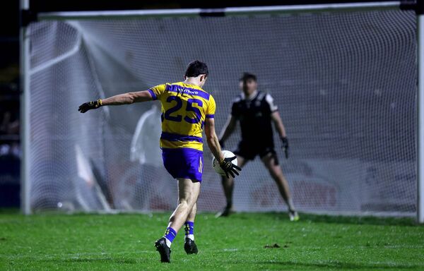 Ciarán Lennon kicks the winning point against Galway, a result that confirmed three victories in succession for the Rossies in Division One. 
