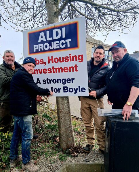 Martin Suffin, Johnny McLoughlin, Carlo Cretaro and Mark Casserly at the rally in Boyle on Saturday afternoon in support of the planned Aldi development for the town. Pic: Noreen Gaffney