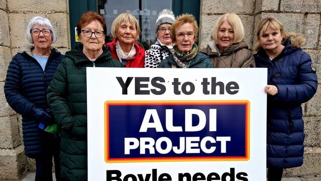 <p>Members of Boyle Women's Group at the rally in Boyle on Saturday afternoon in support of the planned Aldi development for the town: Hilary Carolan, Carmel McGarry, Anne Smyth, Loretto McGowan, Dympna Bird, Kathleen Donnellan and Fiona Hanberry. Pic: Noreen Gaffney </p>