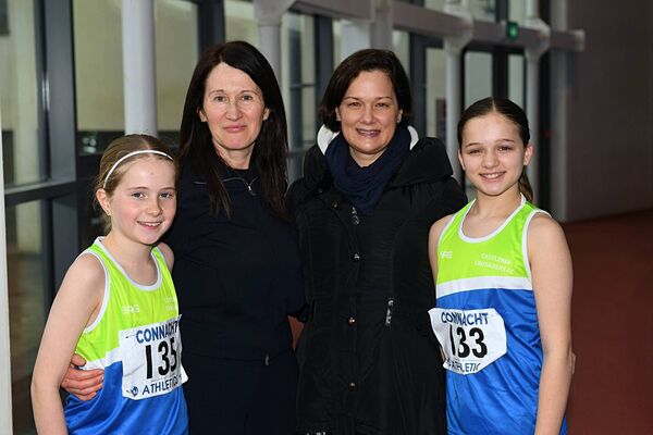 Ruth and Mary Lafferty with Dr. Madeleine Ní Dhalaigh and Madeline Henry, Castlerea, at the Connacht Indoor Athletics Championships in TUS Athlone indoor arena.