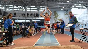 <p>Laura Lyons, Reeside, competing in the long jump at the Connacht Indoor Athletics Championships in TUS Athlone Indoor Arena on Saturday week last. Pictures: Gerard O'Loughlin </p>