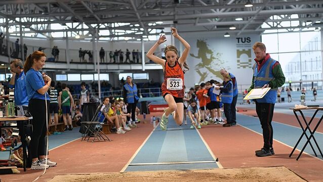 <p>Laura Lyons, Reeside, competing in the long jump at the Connacht Indoor Athletics Championships in TUS Athlone Indoor Arena on Saturday week last. Pictures: Gerard O'Loughlin </p>