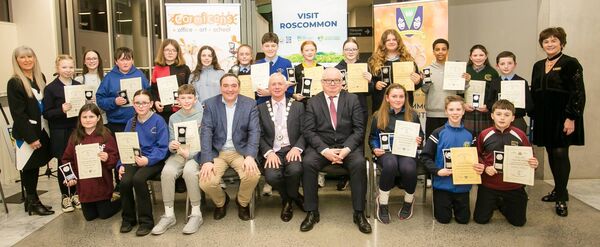 Roscommon Drama Festival schools' story writing competition winners pictured with Cllr Marty McDermott, Cathaoirleach Liam Callaghan, Cllr Larry Brennan, Marie McCrann and Mairead Nally, Roscommon Drama Festival. Pic: Michelle Hughes Walsh