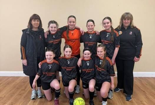 The Elphin Community Games U-13 girls' indoor soccer team who won their opening game over Croghan/Drumlion/Cortober. Coaches are Denise and Alex. Team: Lauren, Ala, Ellie Ann, Aine, Kiera, Lilliemai, Aela, and Radha. 