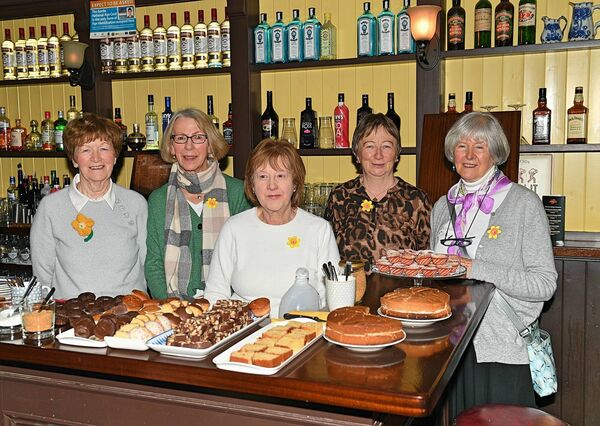 Volunteers Margaret Clarke, Nora Feely, Mary Raftery, Valerie Mangan and Eilish Humborg at a coffee morning in JJ Harlow's, Roscommon ahead of Daffodil Day in aid of the Irish Cancer Society. Pic: Gerard O'Loughlin 