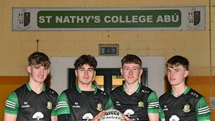 <p>St. Nathy's senior footballers Luke Freyne, Conor Moriarty (captain), Michael McTeigue and Ryan O'Sullivan ahead of Saturday's All-Ireland Post Primary Schools' B Championship final against Cnoc Mhuire Granard. Picture: Gerard O'Loughlin</p>