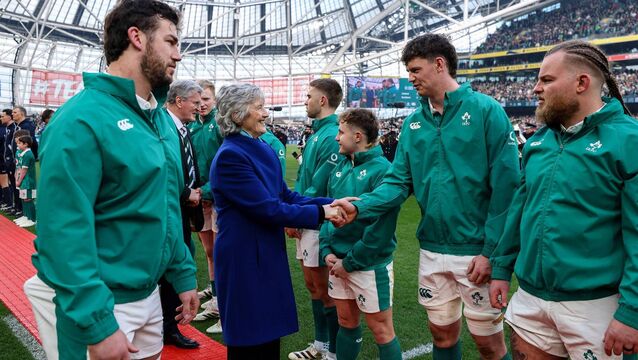 <p>President Catherine Connolly greets Darragh Murray before Ireland's Six Nations' victory against Scotland at the Aviva Stadium on Saturday afternoon. Picture: INPHO/Nick Elliott</p>