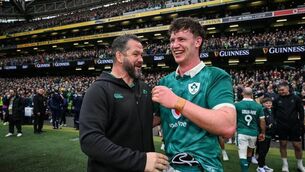 <p>Ireland Head Coach Andy Farrell congratulates Darragh Murray after the Roscommon man's impressive Six Nations debut at the Aviva Stadium on Saturday. Picture: Connacht Rugby</p>
