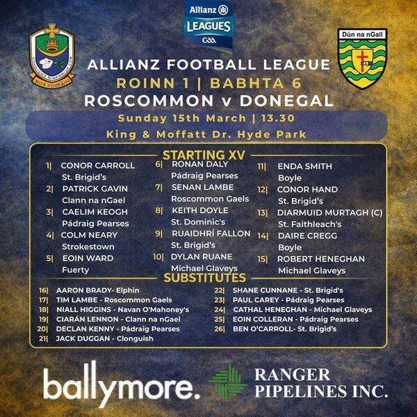 The Roscommon senior football panel for Sunday's Division One League game against Donegal at King and Moffatt Dr. Hyde Park. Graphic: Roscommon GAA