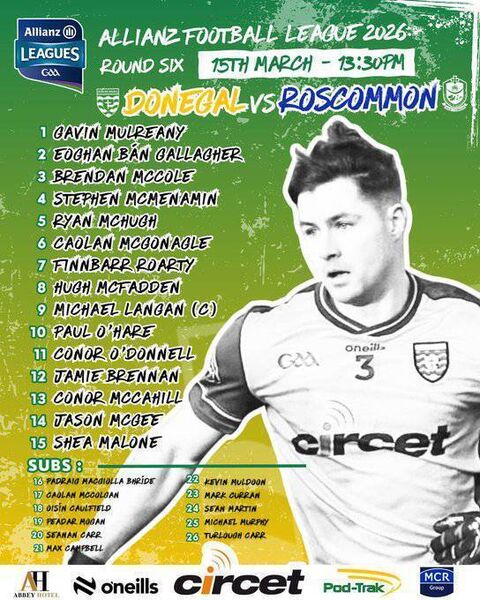 The Donegal senior football panel for Sunday's Division One League game against Roscommon at King and Moffatt Dr. Hyde Park. Graphic: Donegal GAA