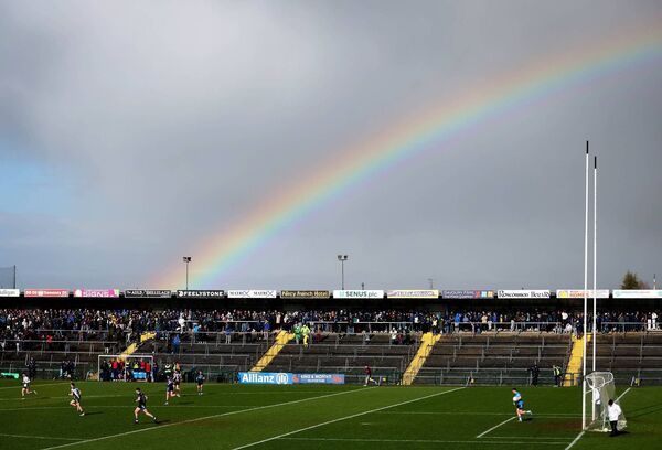 Roscommon goalkeeper Conor Carroll prepares to take a kick out under a rainbow during his side's game against Donegal at King and Moffatt Dr. Hyde Park on Sunday afternoon. Picture: INPHO/Ryan Byrne