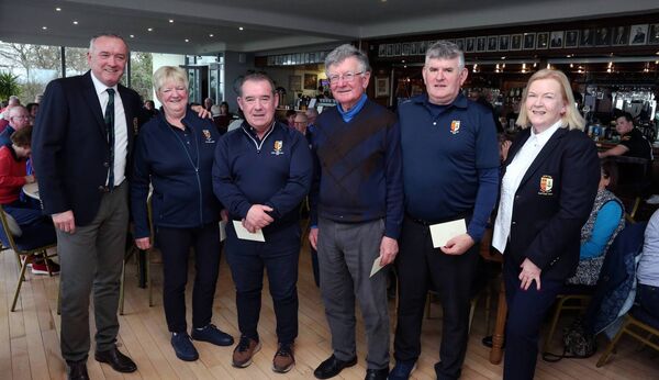 Winners of Athlone Golf Club's Captains’ Drive-In Scramble were (l-r): Tom Dolan, men’s captain; Rhona Fitzgerald, Frankie Donnelly, Seamus Feeney, Dermot Kelly, and Brid Kenny, lady captain. Pic: Padraig Devaney