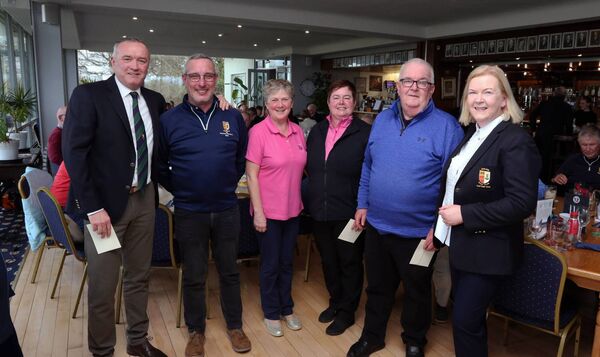 Runners-up in the Athlone Golf Club Captains’ Drive-In Scramble were l-r: Tom Dolan, men’s captain; Paul Costello, Margaret Byrne, Lesley O’Neill, Bernard McDonnell, and Brid Kenny, lady captain. Pic: Padraig Devaney