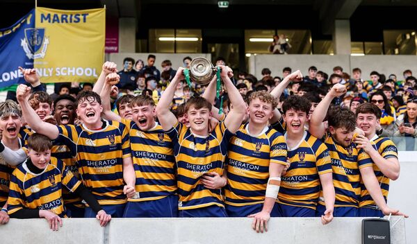 Marist College lift the cup following their Connacht Rugby Schools' Senior A Cup final against Sligo Grammar at Dexcom Stadium. Picture: INPHO/Nick Elliott