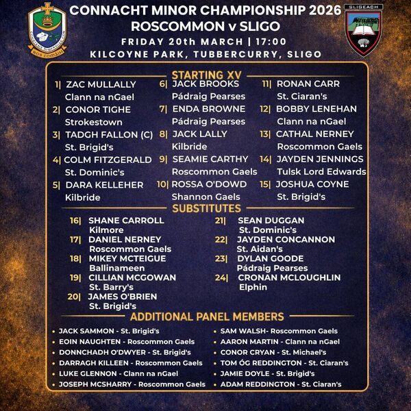 The Roscommon minor team that has been named to face Sligo this evening. Graphic: Roscommon GAA.