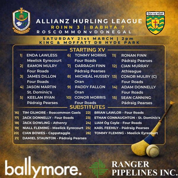 The Roscommon hurling team that will face Donegal this Saturday in King and Moffatt Dr Hyde Park with the hopes of securing promotion and a league final berth. Graphic: Roscommon GAA