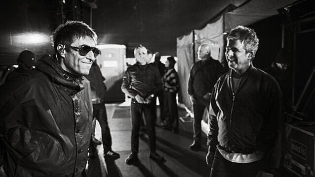 Liam and Noel Gallagher shown having a laugh in Oasis tour photography book