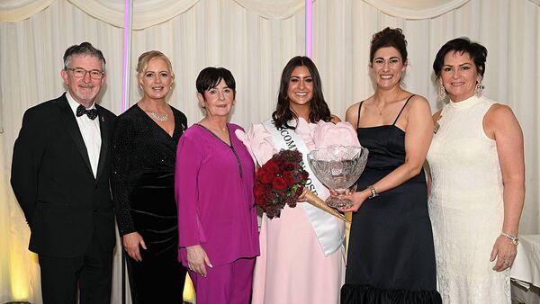 The 2026 Roscommon Rose of Tralee Rebecca Collins pictured here after her selection on Saturday night with Anthony O'Gara, CEO of the Rose of Tralee International Festival; Yvonne Corrigan Donohue, Roscommon Rose Centre co-ordinator; Claire Morgan, sales manager Roscommon Herald (main sponsors); Rachel Hastings, 2024 Roscommon Rose of Tralee and Oonagh O'Gara. Pic: Gerard O'Loughlin