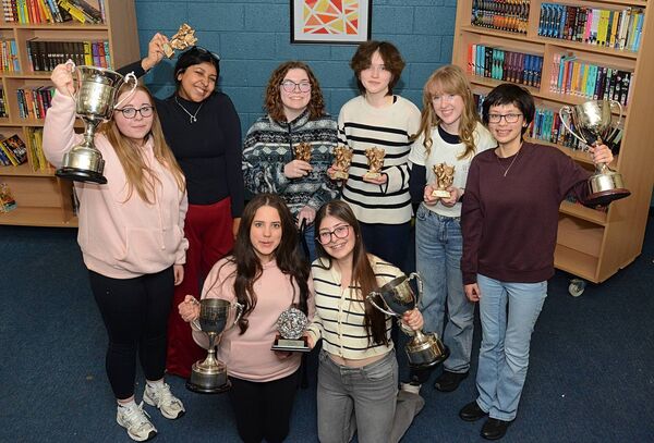 Cast members from Roscommon Community College who won multiple awards at the All-Ireland Briery Gap Drama finals in Macroom, Co. Cork. Front: Sarah Batista (best actor) and Beatriz Rodriguez (best supporting role). Back are cast members, from left: Isabelle Flynn, Laura Gomes, Caoimhe Mullarkey, Aideen Pearce, Coya Tully and Karla Browne. Pic: Gerard O’Loughlin