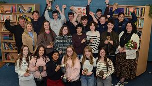 <p>Cast, crew and directors from Roscommon Community College, who won no less than six awards, including best directors, best actor, best supporting actor, best set and best stage crew at the All-Ireland Briery Gap Drama Finals in Macroom, County Cork. The play was an adaptation of ‘Eclipsed’ by Patricia Burke-Brogan set in the Magdalene laundry in the 1960s. Pic: Gerard O’Loughlin</p>