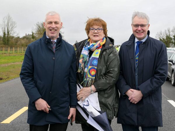 Cllr Nigel Dineen, Cllr Valerie Byrne, and Shane Tiernan, chief executive Roscommon County Council at the opening of the first phase of the Scramogue to Ballaghaderreen road project, the 7km Frenchpark by-pass. Fr. Donnelly blessed the road on Thursday last. Pic: Breda Durr