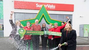 <p>Manager Tim Dolan and staff at Smyth’s SuperValu in Monksland celebrating after it was revealed that the store sold Monday’s winning Daily Million ticket worth an incredible €1m. Pictured from left are Avril Donoghue, HR Manager; Muriel King; Tim Dolan; Donna Broderick, National Lottery Representative; Lorraine Moore; Rosie Dolan; Monica Wawrzyniak and Emma Monaghan, National Lottery. Picture: Eamon Ward</p>