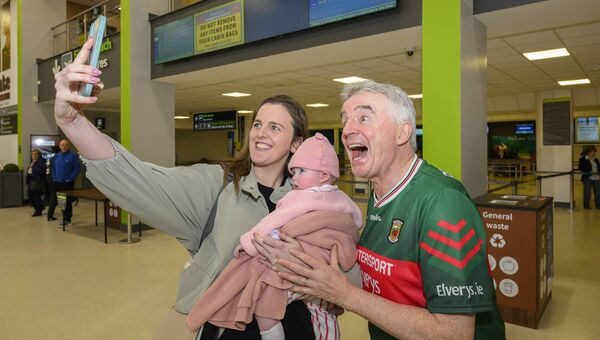 Edel Teggarty and her daughter Lucia, from Roscommon, pictured with Ryanair CEO Michael O’Leary during his visit to Ireland West Airport Knock  to mark the airport's 40th anniversary. Pic: Michael McLaughlin