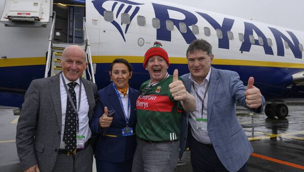 Ryanair chief executive Michael O’Leary paid a brief visit to Ireland West Airport Knock to mark the airport’s 40th anniversary. Pictured are Arthur French, airport chairman, Colette Concannon, Ryanair, Ryanair CEO Michael O’Leary and Joe Gilmore, airport managing director. Pic: Michael McLaughlin