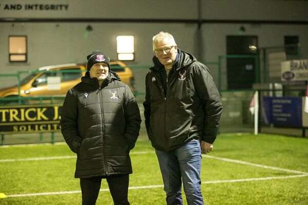 Graeme Curran and manager Kevin O’Rourke at Creggs training ahead of Easter Monday's Connacht Junior Cup final at Dexcom Stadium. Picture: Michelle Hughes Walsh
