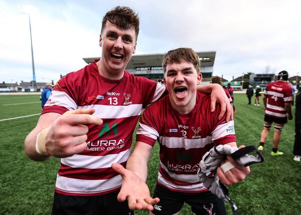 Eoghan Coyle and Jack Fleming in the mood for a party after Creggs completed the league and cup double at Dexcom Stadium on Monday evening. Picture: INPHO/Ben Brady Eoghan Coyle and Jack Fleming in the mood for a party after Creggs completed the league and cup double at Dexcom Stadium on Monday evening. Picture: INPHO/Ben Brady