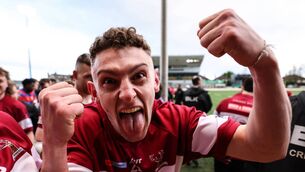 <p>Michael Dunne celebrates Creggs' victory over Tuam in Easter Monday's Connacht Junior Cup final at Dexcom Stadium, Galway. Picture: INPHO/Ben Brady</p>