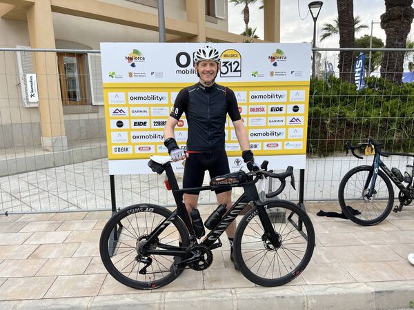 David Ward at the finish line of the Mallorca 312km cycling event.