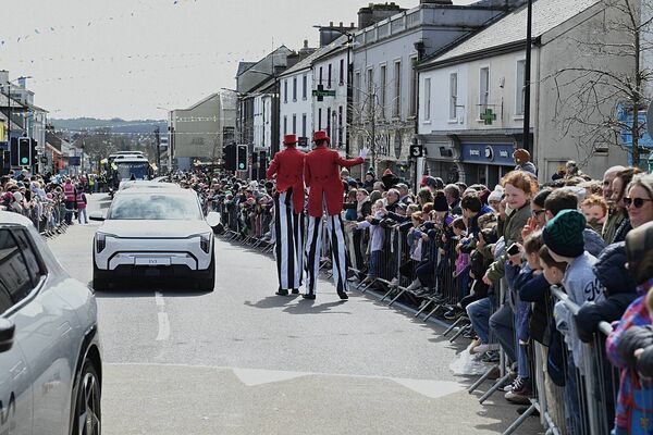 Stilt walking at the Roscommon Town Easter Parade. Pic: Gerard O'Loughlin