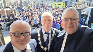 <p>Cllr Larry Brennan, Cllr Liam Callaghan, Cathaoirleach of Roscommon County Council and council chief executive Shane Tiernan at the Roscommon Easter Parade.</p> <p>Cllr Larry Brennan, Cllr Liam Callaghan, Cathaoirleach of Roscommon County Council and council chief executive Shane Tiernan at the Roscommon Easter Parade.</p>